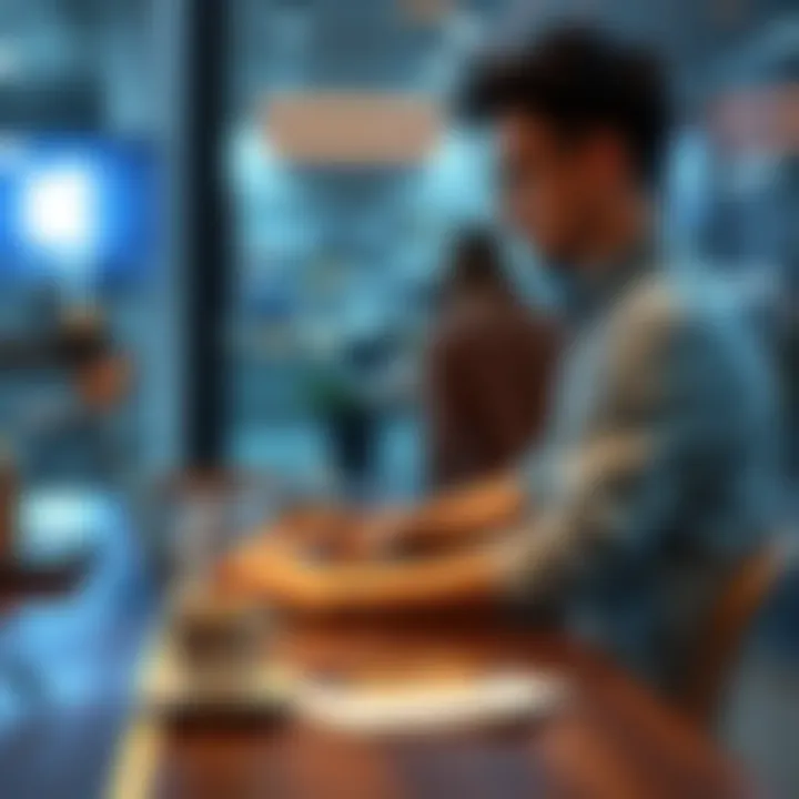 Person taking an online survey A person sitting at a desk with a laptop, focused on completing an online survey, with a coffee cup nearby