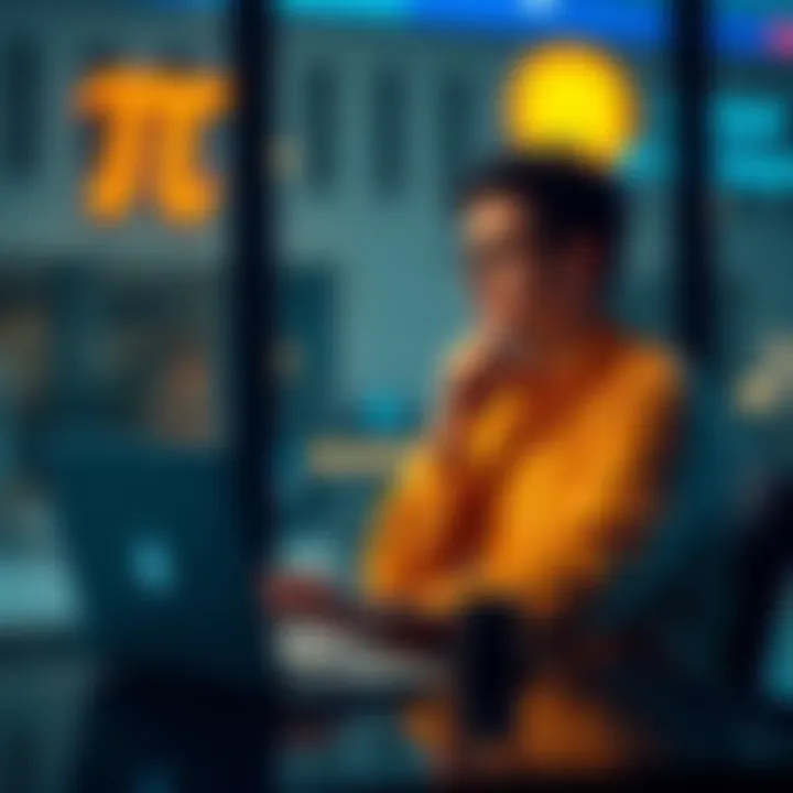 A person sitting at a desk looking thoughtful with a laptop open, reflecting on whether to sell Pi coins or hold them for future value.