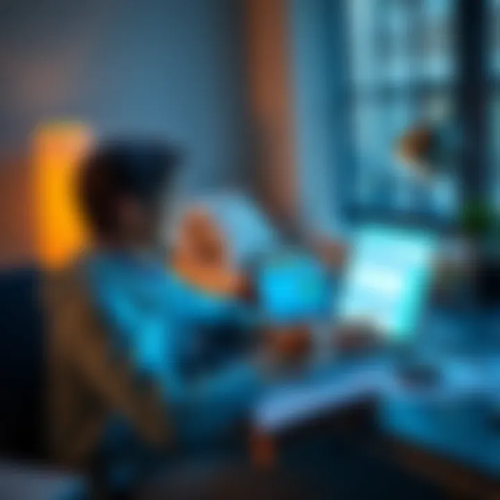 A person is sitting at a desk, happily using a laptop with FreeTaxUSA for tax filing, surrounded by tax documents and a calculator.