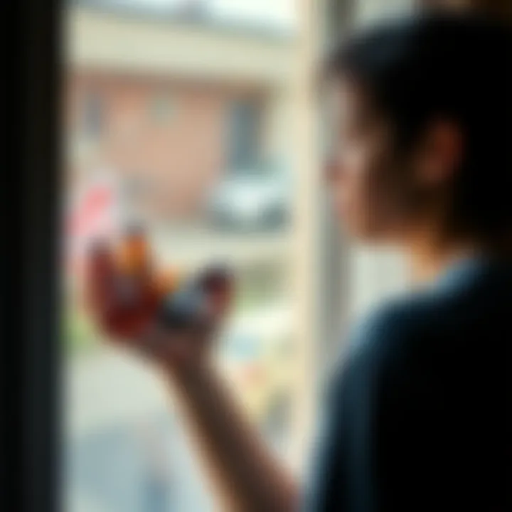 A young person holds several pill bottles in one hand, looking thoughtfully out a window, searching for hope in their journey with medication.