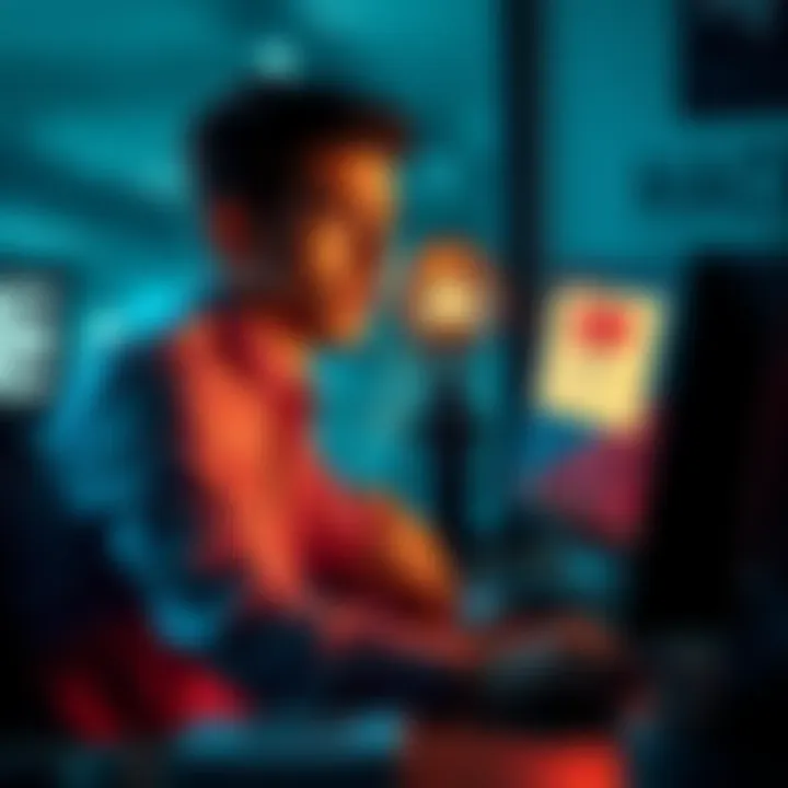 Person looking worried at computer screen A person with a concerned expression sitting at a desk, staring at a computer screen displaying a hacked wallet notification