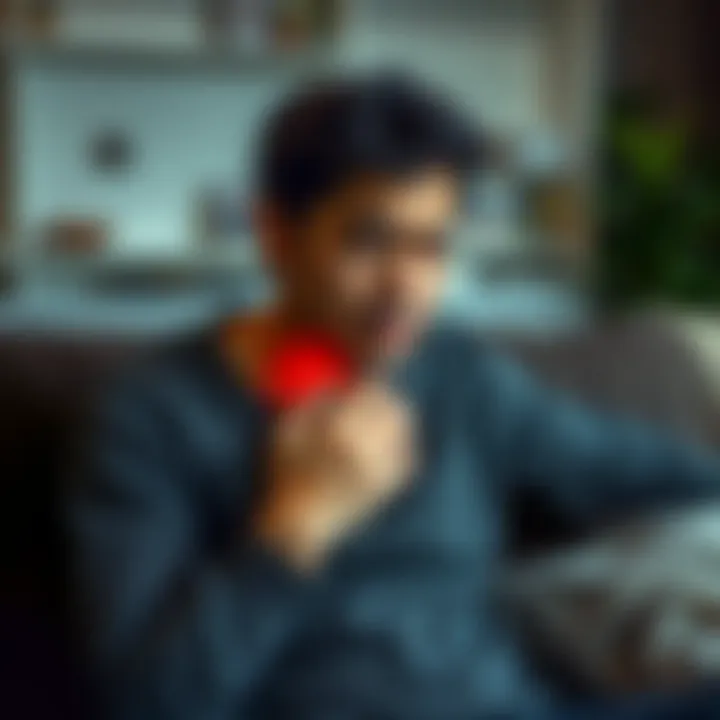 Individual holding their throat, showing signs of discomfort while sitting on a couch, reflecting on health issues after taking Reta.