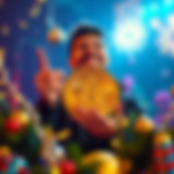 A happy cryptocurrency enthusiast holding a Bitcoin symbol, surrounded by festive decorations.