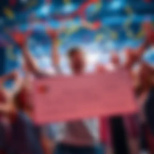 A person holding a large check and smiling, surrounded by friends celebrating a victory, with confetti in the air.