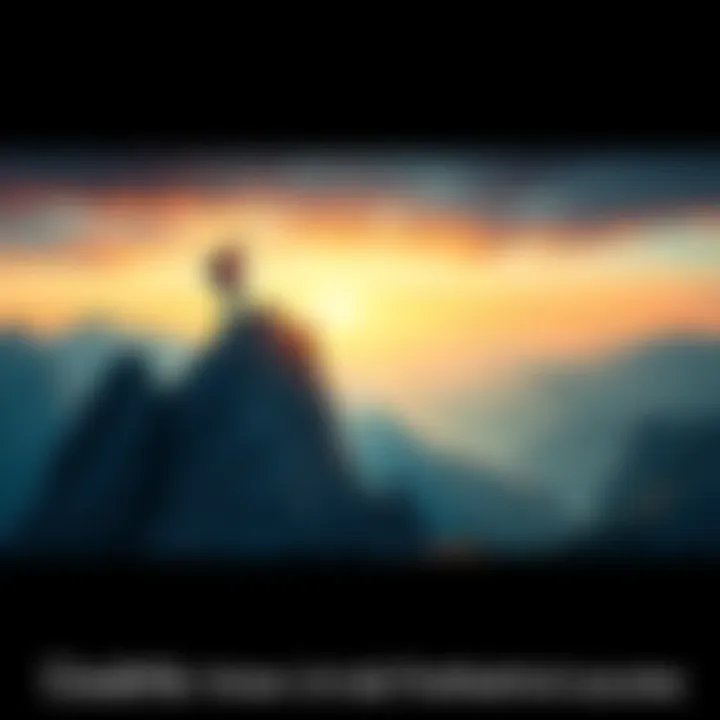 A determined person reaching the peak of a mountain, symbolizing hard work and success