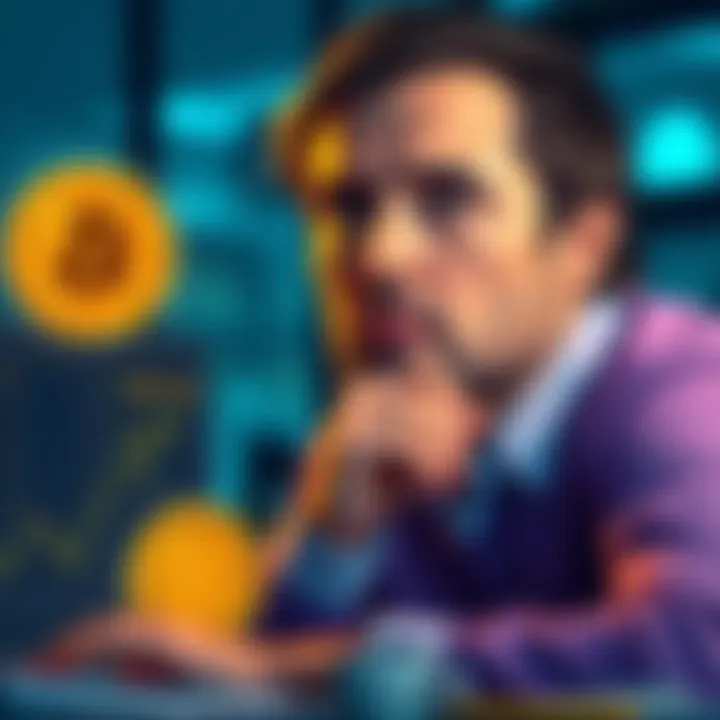 A person considering taking out a loan to invest in Bitcoin, showing a thoughtful expression with a computer and Bitcoin symbol nearby.