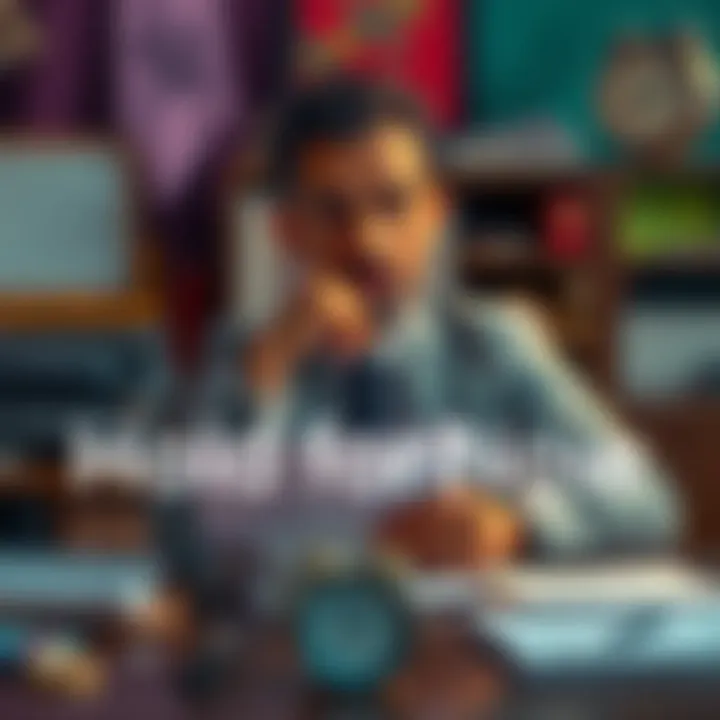 A person sitting at a desk with a thoughtful expression, weighing options with documents and a clock visible, symbolizing patience in decision-making