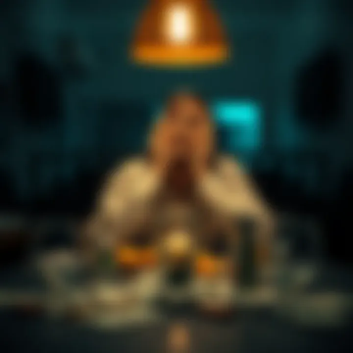 A person sitting at a table looking worried, surrounded by bills and empty glasses, reflecting on their risky decisions.