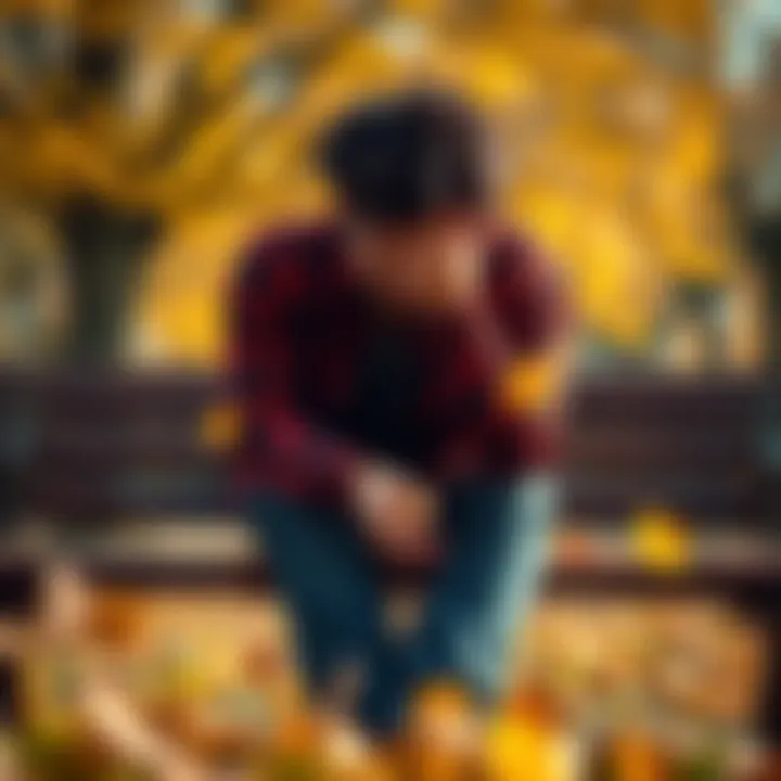 A person sitting on a park bench with a sad expression, holding their head in their hands, surrounded by falling leaves.