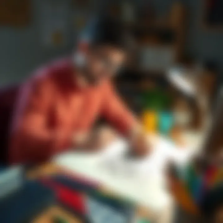 Individual sitting at a desk, drawing on paper with colored pencils, surrounded by art supplies, looking peaceful and focused.