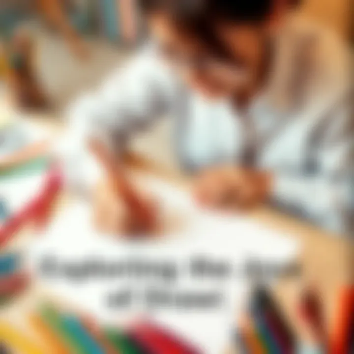 A person sitting at a table, drawing with colorful pencils on a blank sheet of paper, surrounded by art supplies and a smile on their face.