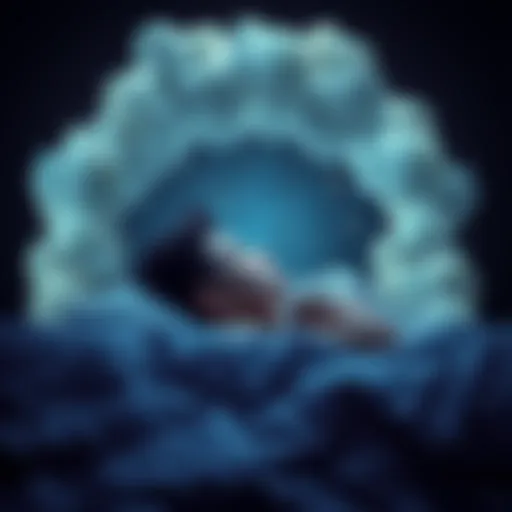 A person peacefully sleeping in a dark room with dream-like clouds and stars surrounding their head, symbolizing dreams and subconscious thoughts.