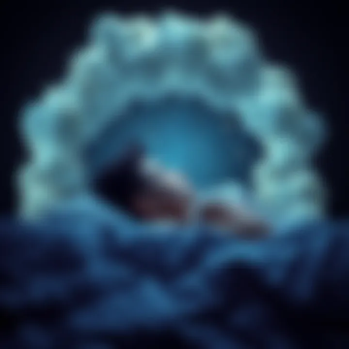 A person peacefully sleeping in a dark room with dream-like clouds and stars surrounding their head, symbolizing dreams and subconscious thoughts.