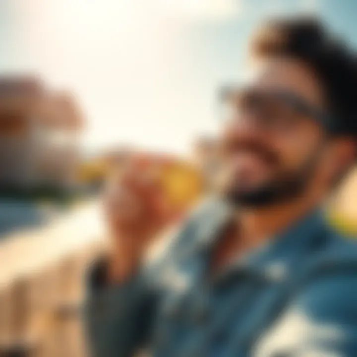 A person smiling and relaxing outdoors, holding a Bitcoin while enjoying a sunny day.