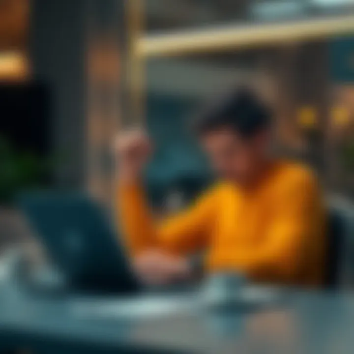 A person sitting at a desk looking worried while using a laptop to apply for an account.