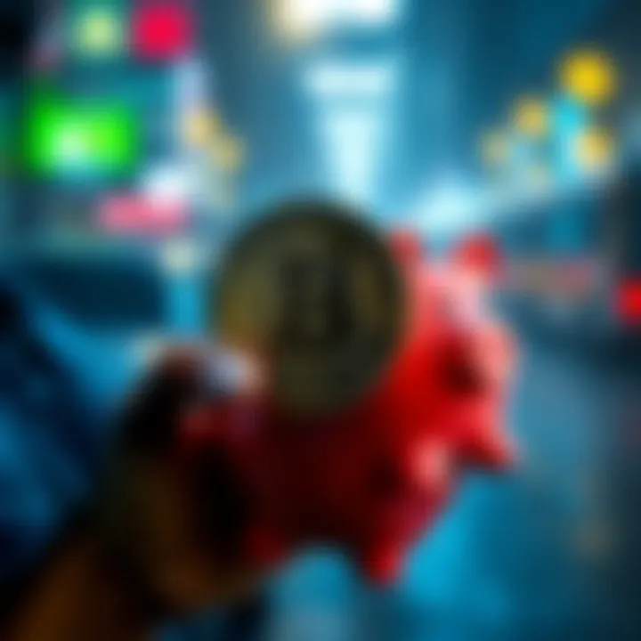 Individual holding a Bitcoin in one hand and a piggy bank in the other, symbolizing emergency funds in cryptocurrency