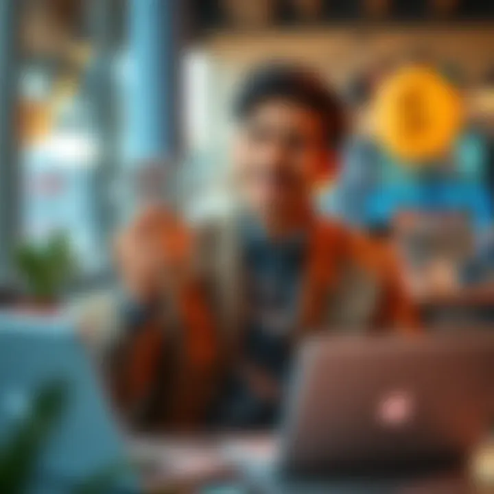 A person looking relieved while holding cash and a laptop, indicating successful money withdrawal.