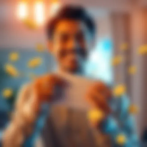 A person happily showing a device that earns money daily, surrounded by positive symbols like coins and light