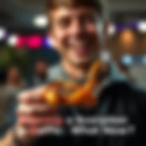 A person with a joyful expression holds a scorpion in a small container, showcasing their recent win at an invert show raffle