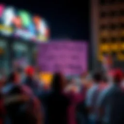 A person stands in front of a crowd holding a sign that reads 'Justice for All', expressing their support for justice causes.