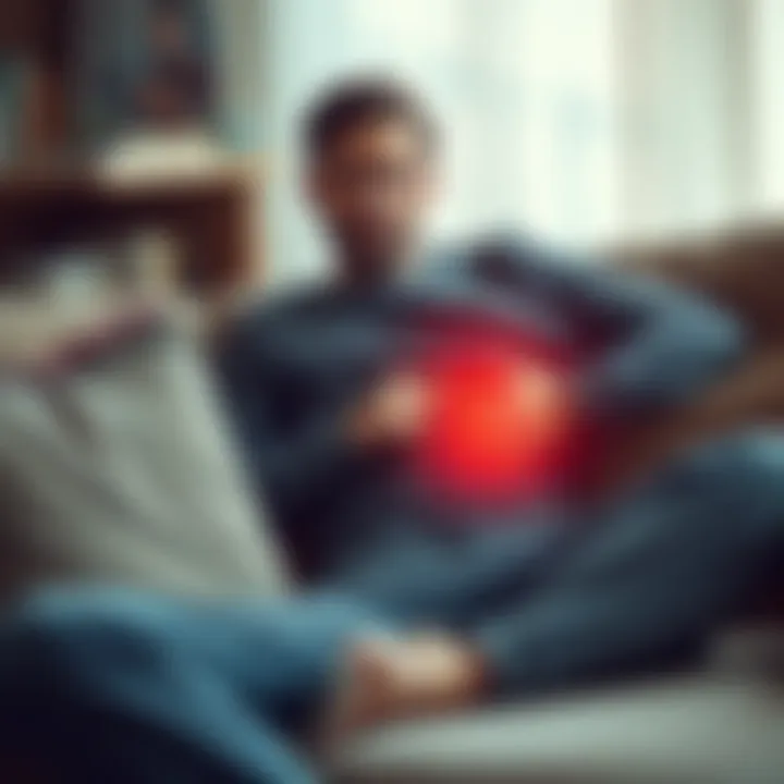 A person sitting on a couch with a pained expression, holding their stomach as they cope with pain.