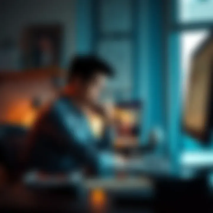 Individual sitting at a desk, deep in thought, with a notepad and a computer, contemplating ways to remember their Bitcoin mnemonic code.