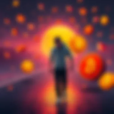A person walking away from cryptocurrency symbols with a frustrated expression