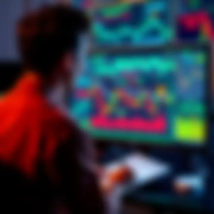 Individual turning away from a computer screen filled with financial charts and graphs, focusing on a notebook instead