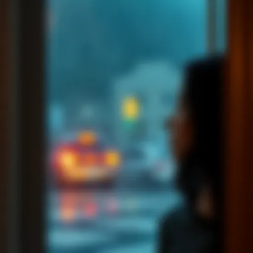 A person gazes out of a rain-soaked window, reflecting on life's challenges with a somber expression.