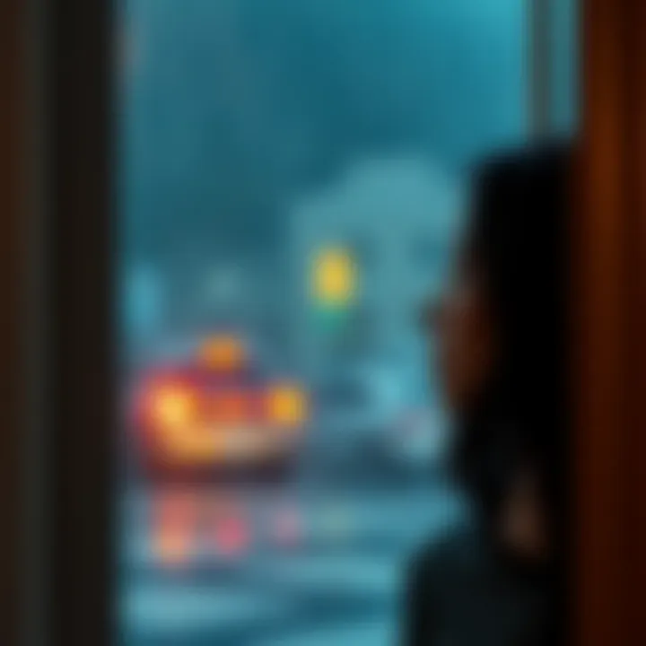A person gazes out of a rain-soaked window, reflecting on life's challenges with a somber expression.