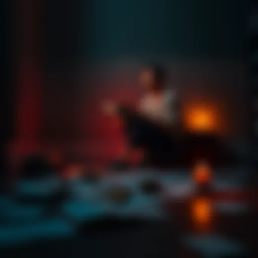 A person sits alone in a dimly lit room, reflecting on their emotions and thoughts, surrounded by scattered papers and a flickering candle.