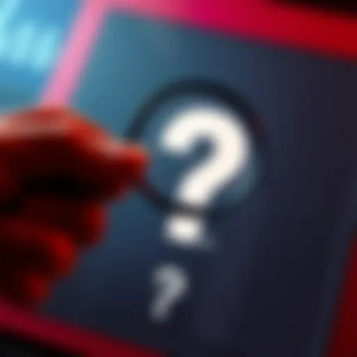 A person examining a large question mark with a magnifying glass to find answers