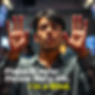 Individual raising hands in a plea for assistance, looking concerned and anxious