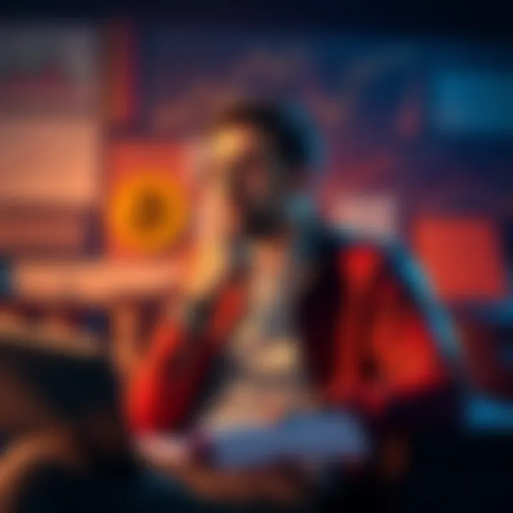 Individual sitting with a thoughtful expression, considering financial decisions about Bitcoin and investments, surrounded by charts and graphs.