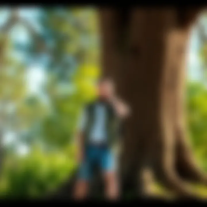 Person Posing with a Tree Individual standing next to a large tree, smiling and looking stylish in outdoor clothing, surrounded by natural greenery.