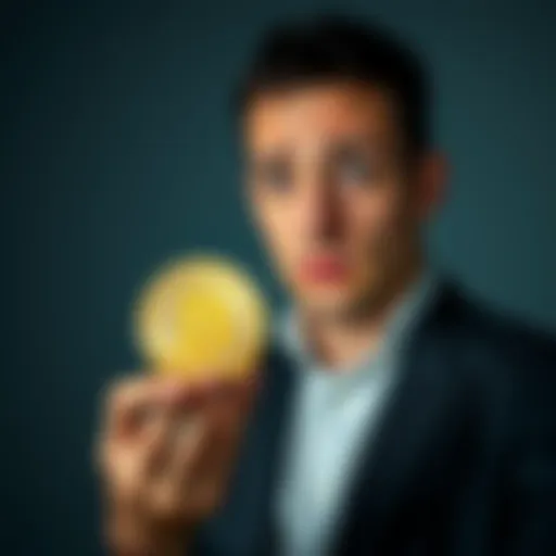 A person looking confused while holding a Bitcoin token, symbolizing distrust towards cryptocurrency.