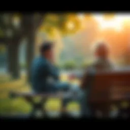 A person sitting on a park bench, looking thoughtful while a friend offers support beside them.