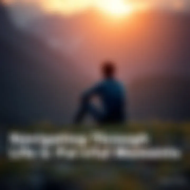 Individual sitting alone, looking contemplative, surrounded by nature, symbolizing resilience in tough times