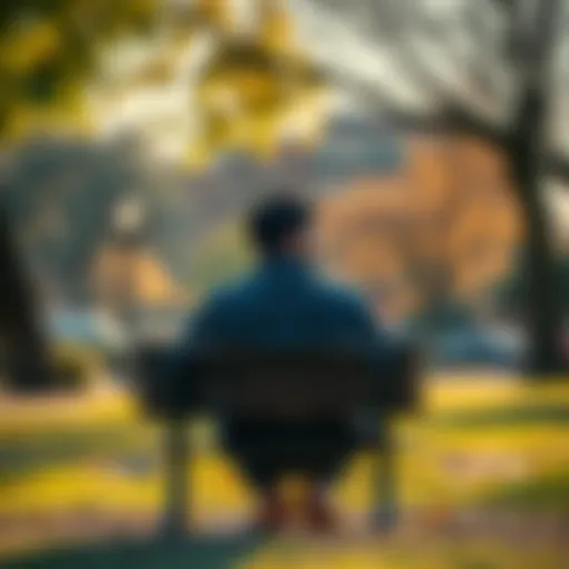 A person sitting on a bench in a park, looking thoughtful and contemplative as they reflect on their life and identity, surrounded by nature.