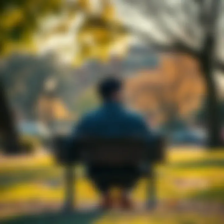 A person sitting on a bench in a park, looking thoughtful and contemplative as they reflect on their life and identity, surrounded by nature.
