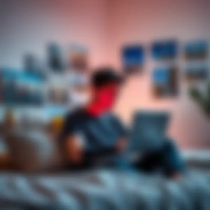 A person sits alone in a room with a laptop open, looking contemplative. In the background, photos of friends traveling and enjoying life are displayed on the wall.