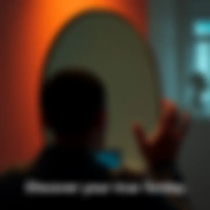 A person looking thoughtfully at their reflection in a mirror, symbolizing self-discovery and personal growth.