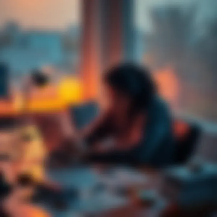 A person sitting at a desk with a laptop, studying cryptocurrency with charts and notes scattered around