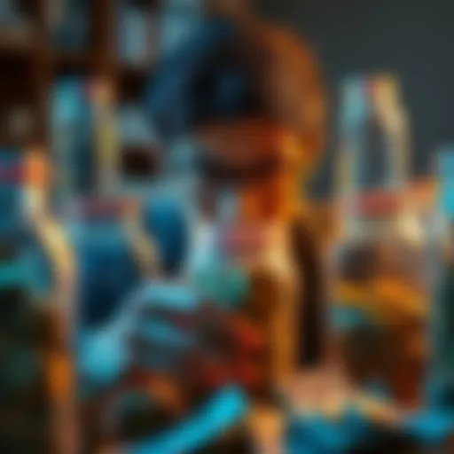 A focused individual surrounded by savings jars counting money, showing determination to save