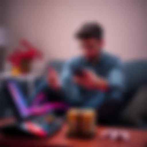 A frustrated person searching around for their phone while sitting on a couch, gaming console and snacks nearby