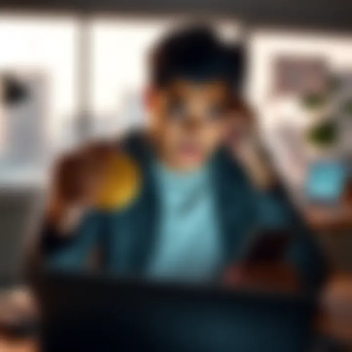 A person sitting at a desk looking worried while holding a Bitcoin symbol and receiving messages from friends on their phone