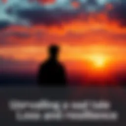 A person standing alone on a hilltop, gazing at a colorful sunset, reflecting on loss and resilience