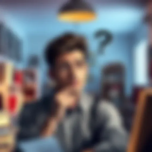 A person with a puzzled expression, contemplating the phrase 'Not that.' in a bright room, surrounded by books and notes.