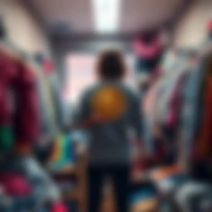 A person standing in a room filled with clothes, holding a Bitcoin symbol, as they trade items for cryptocurrency.
