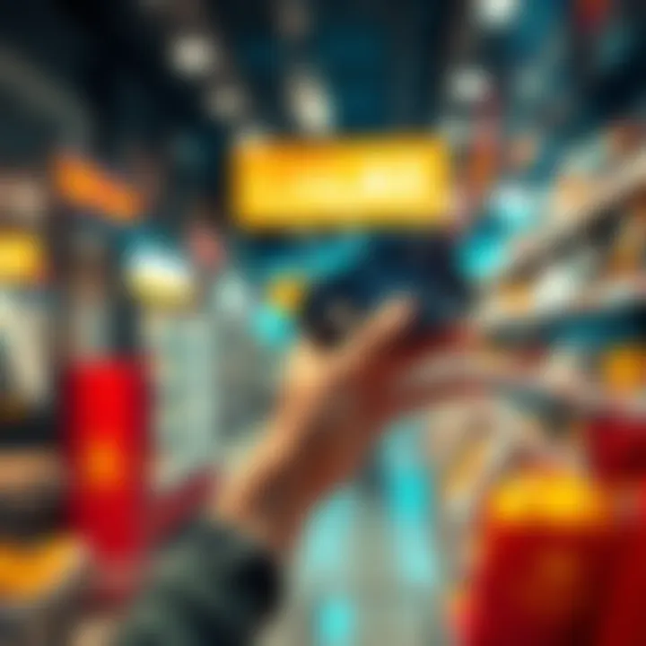 A person holding a crypto card while shopping at a store, ready to make a payment.